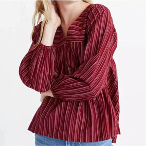 Madewell Red Metallic Stripe Balloon Sleeve Peasant Top Size Small